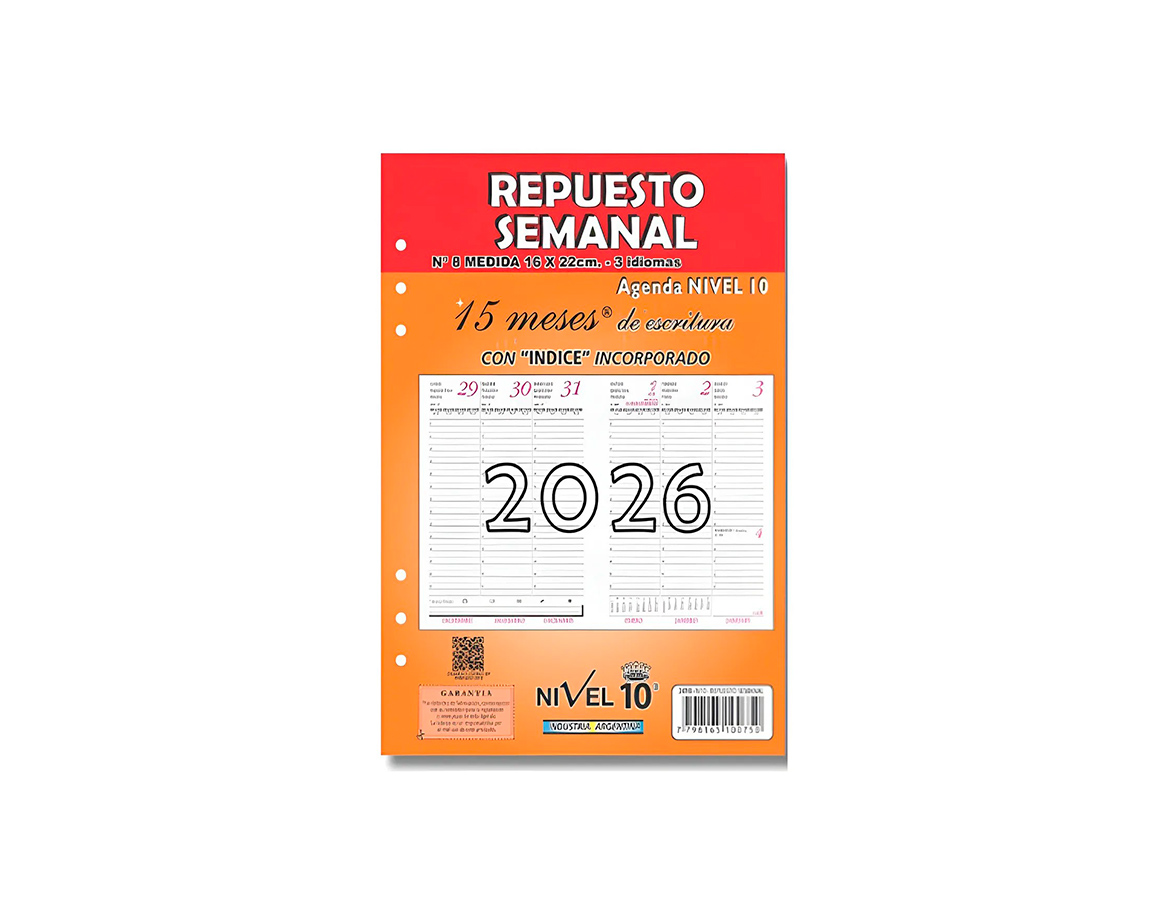 REPUESTO AGENDA NIVEL 10 3498 N°8 SEMANAL 2026