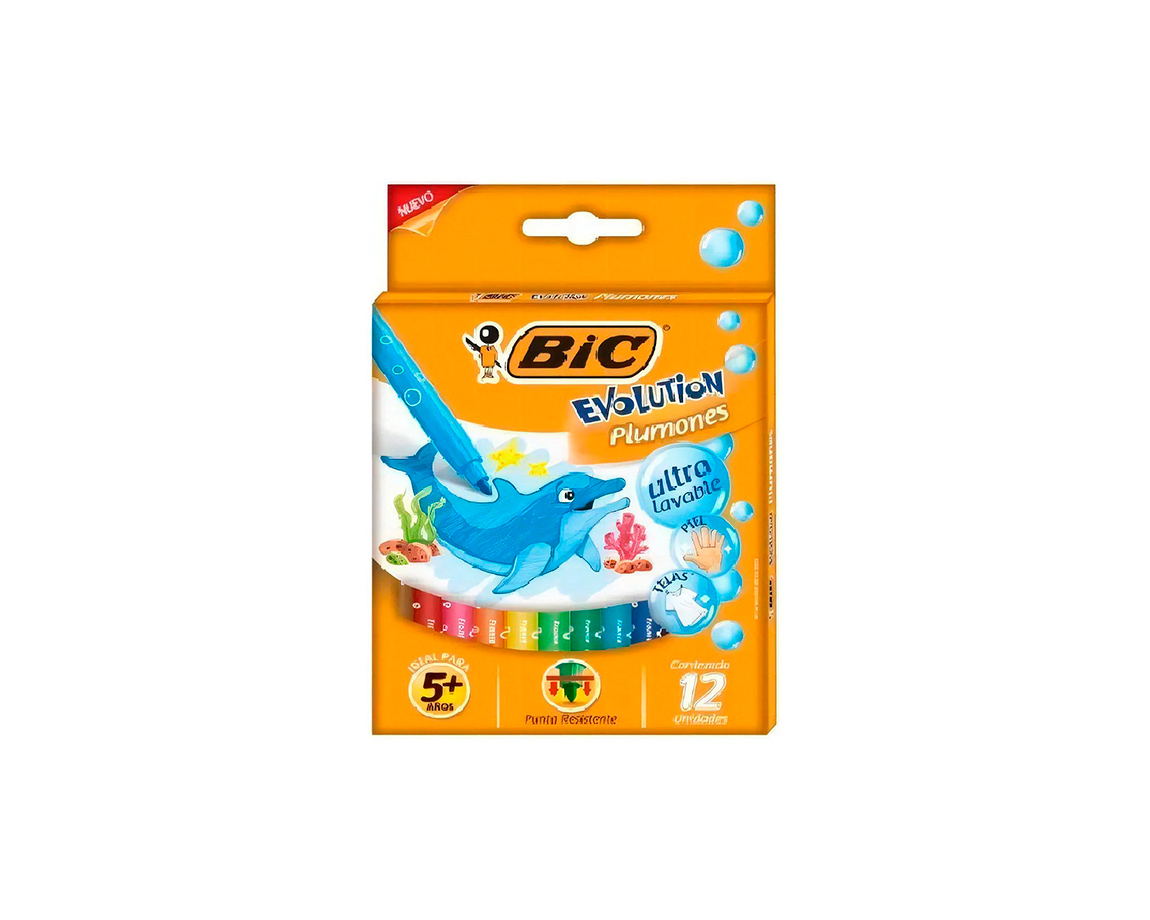 MARCADOR BIC EVOLUTION x 12 U. PLUMONES ULTRA LAVABLE
