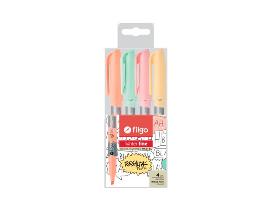 RESALTADOR FILGO FINO CLIP PASTEL BLIS. x 4 UNID.