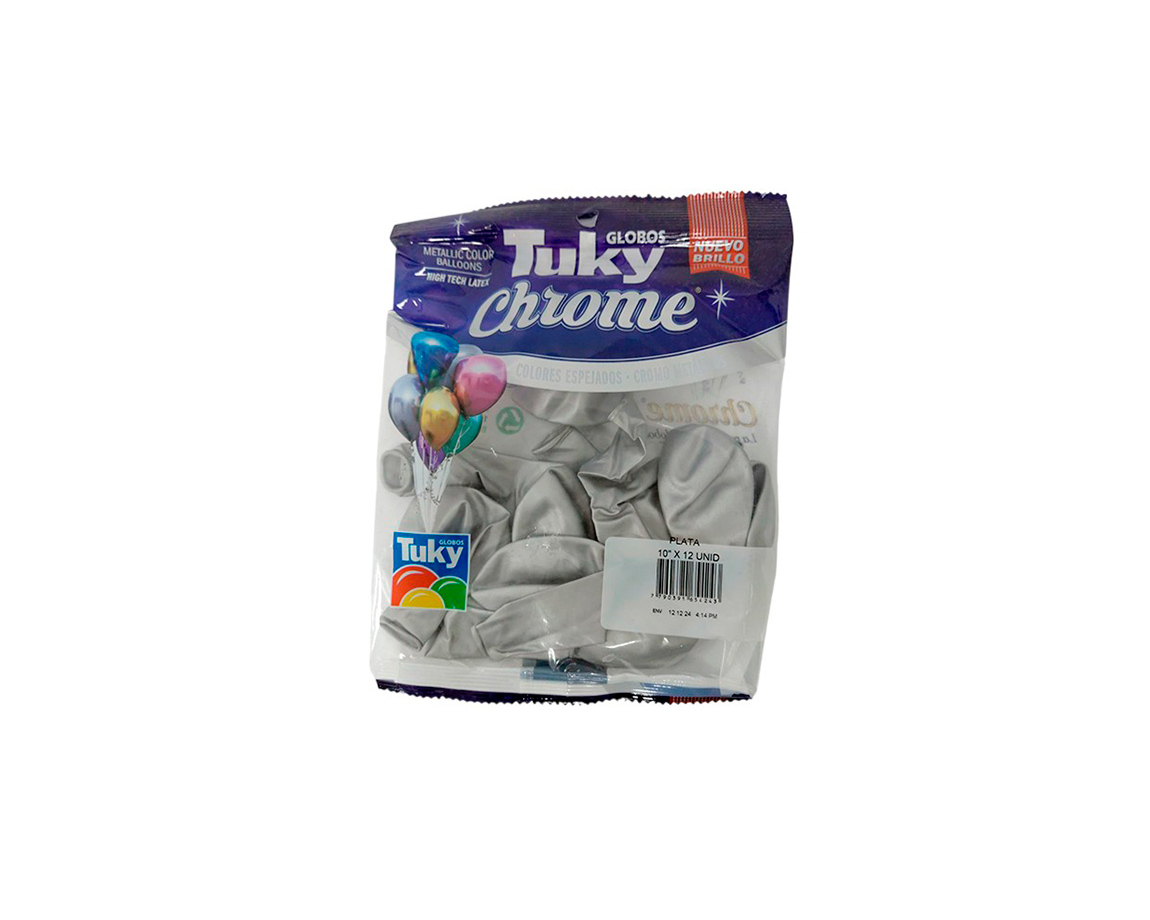 GLOBOS LATEX TUKY 10" CHROME PLATA x 12 U.