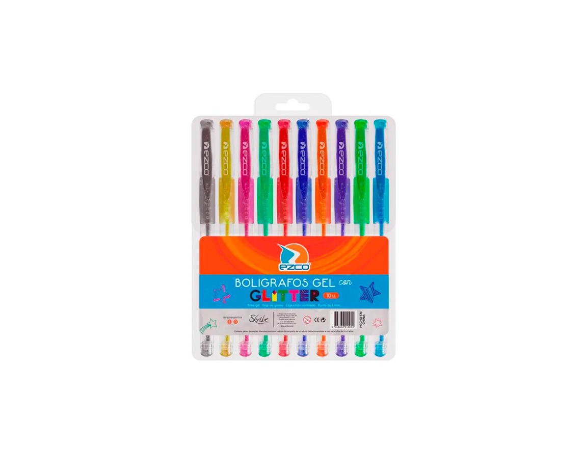 BOLIGRAFO EZCO GEL GLITTER x 10 U. SURTIDOS