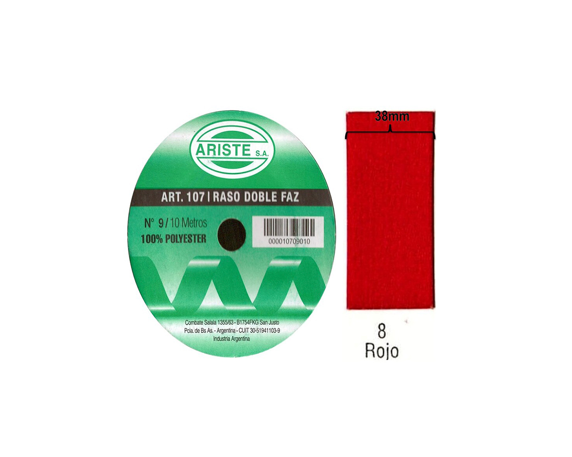 CINTA RASO ARISTE Nro 9  38mm x10 MTS ROJO DOBLE FAZ