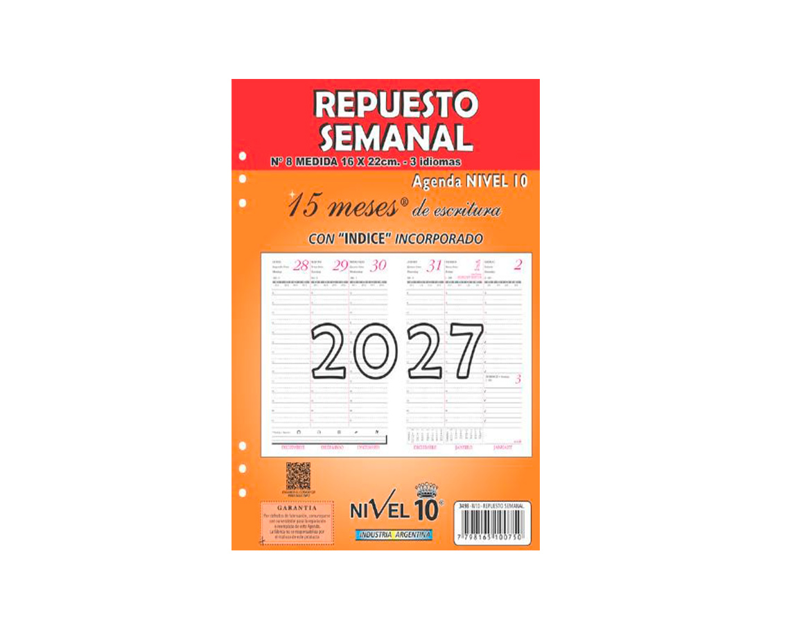 REPUESTO AGENDA NIVEL 10 3498 N°8 SEMANAL 2027